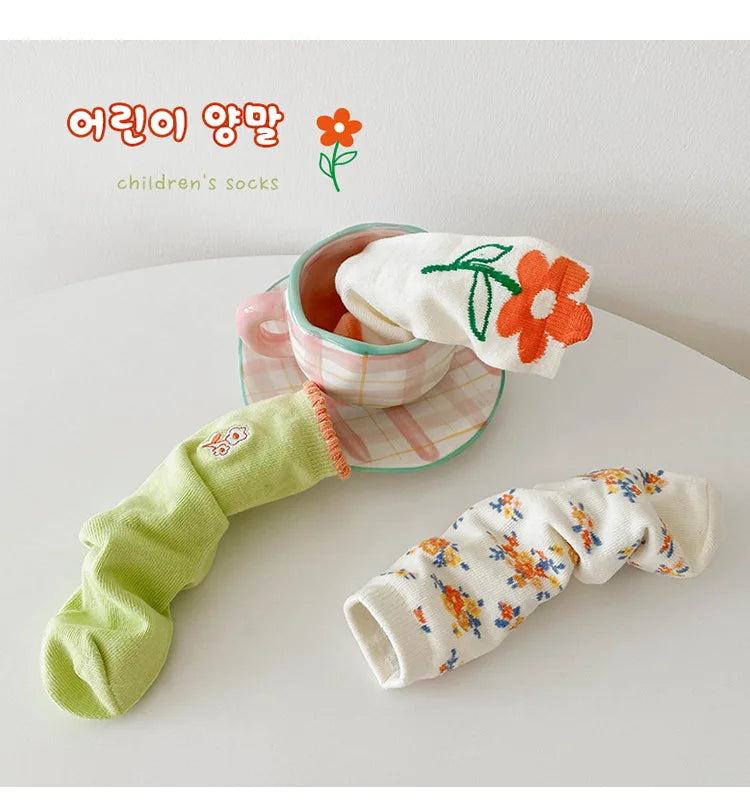 1-12Year 3Pairs Pack 2024 Spring Floral Medium Stockings Embroidery Lace Thin Princess Stockings Girls' Socks