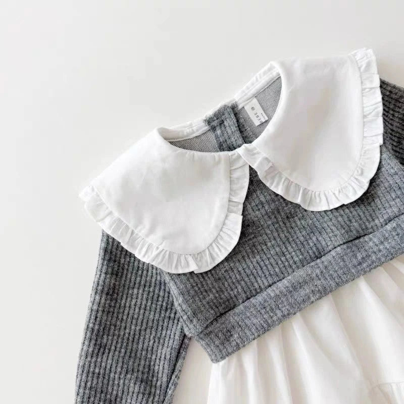 Q2731 Korean Style Girls' Turn-down Collar Dress Pure Autumn Collection Princess Skirt Color Block Design Children's Apparel