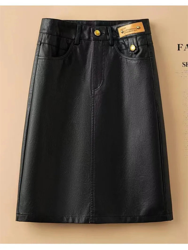 Spring Autumn Winter Leather Skirt Women New Fashion Black Brown High Waist PU A-Line Skirts Large Size S-5XL Female Midi Skirts