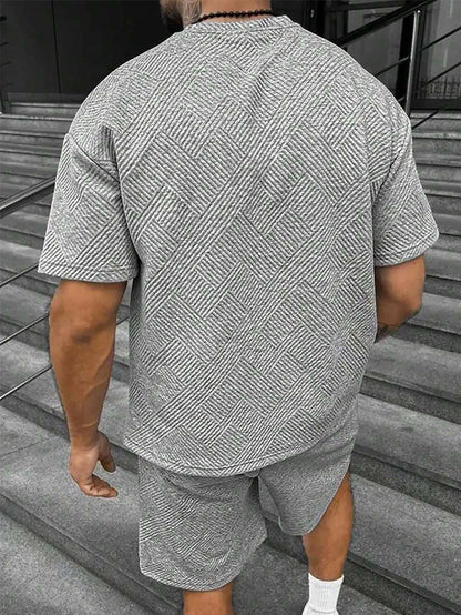 Men's Textured Letter Patched Round Neck Tee & Drawstring Shorts Two-Piece Set Regular Fit Casual Short Sleeve T shirt & Shorts
