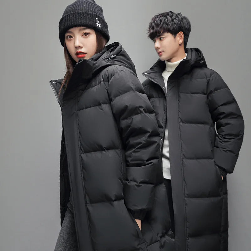 FGKKS 2025 Couple Winter Down Jacket Fashion Classic Slim Korean Style White Duck Down Men's Long Coat Women Hooded Outwear