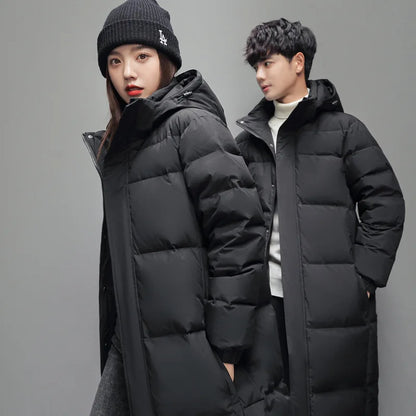 FGKKS 2025 Couple Winter Down Jacket Fashion Classic Slim Korean Style White Duck Down Men's Long Coat Women Hooded Outwear