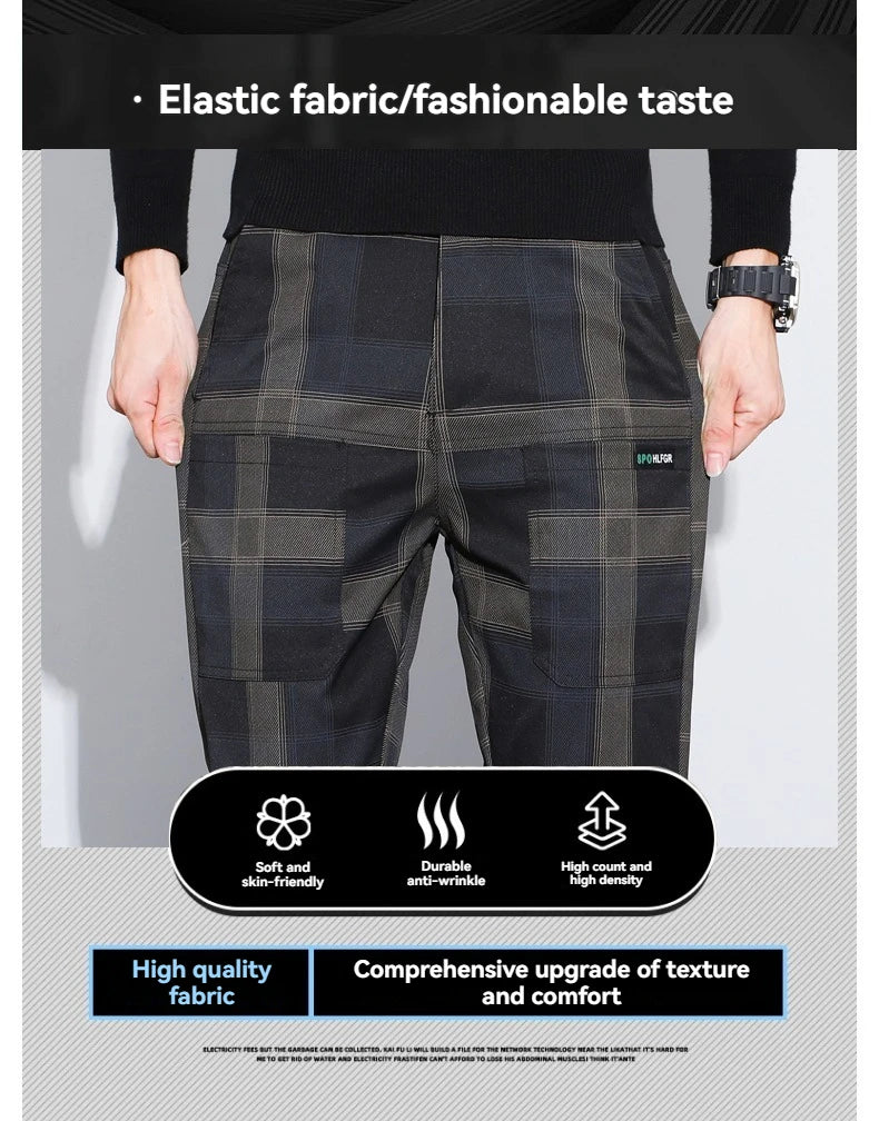Autumn Winter Luxury Plaid Check Pattern Casual Pants Men Thick Business Elastic Waist Slim Fit Korean Pocket Long Trousers Male