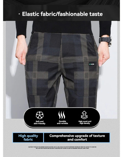 Autumn Winter Luxury Plaid Check Pattern Casual Pants Men Thick Business Elastic Waist Slim Fit Korean Pocket Long Trousers Male
