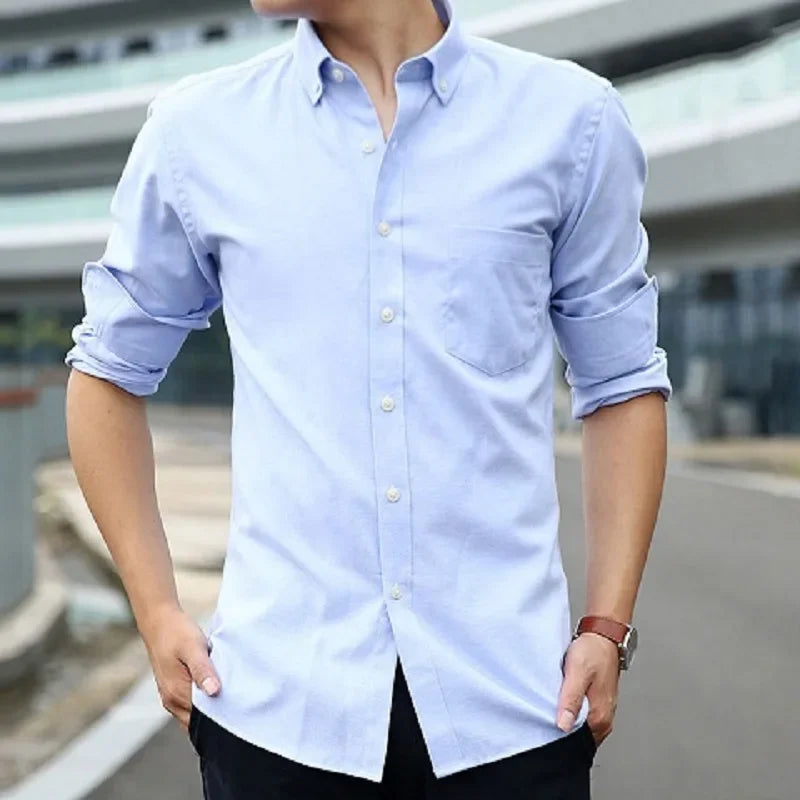 Classic Fit Cotton Full Casual Shirts for Men Solid Color Long-Sleeve Plain Shirt Single Pocket Top Soft Slim Fit Formal Clothes