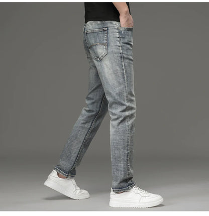 High-end Light Luxury Brand Jeans Men's Retro Slim Fit Straight Versatile Casual Gray Trousers Autumn and Winter Thick Jeans