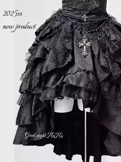 Gothic Dark Black Vintage Lace Blouse Retro Punk Light Lolita Short Sleeves Lace-up Slim Top and Multi Layers Skirt Set 2pcs Set