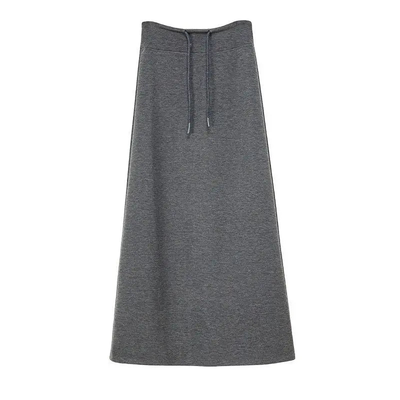 Women Spring Autumn Sports Maxi Skirt High Waist Drawstring A Line Straight Split Draped Casual Sweat Long Skirt