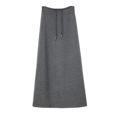 Women Spring Autumn Sports Maxi Skirt High Waist Drawstring A Line Straight Split Draped Casual Sweat Long Skirt