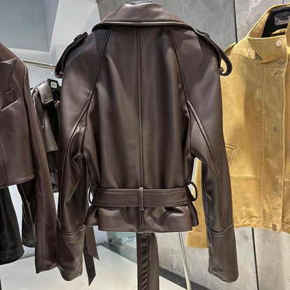 YOLOAgain Vintage Grain Leather Jacket Women Real Leather Sheepskin Jacket With Belt