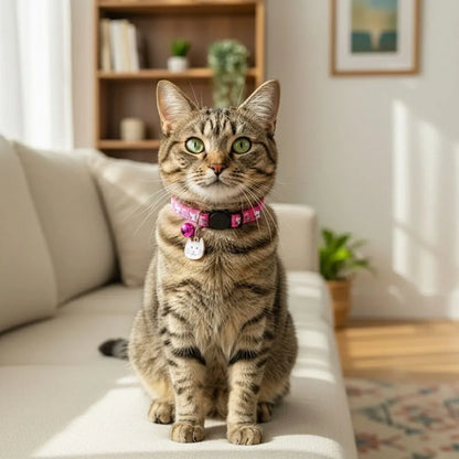 Adjustable Pet Cat Collar Quick Release Safety Buckle Anti-lost Cat Necklace Cat Pattern with Cat Face Pendant Bell