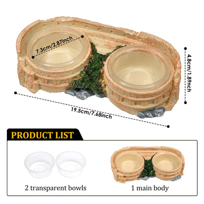 Two-in-One Reptile Food and Water Bowl, resin material, includes 2 easy-clean plastic bowls, suitable for lizards, geckos