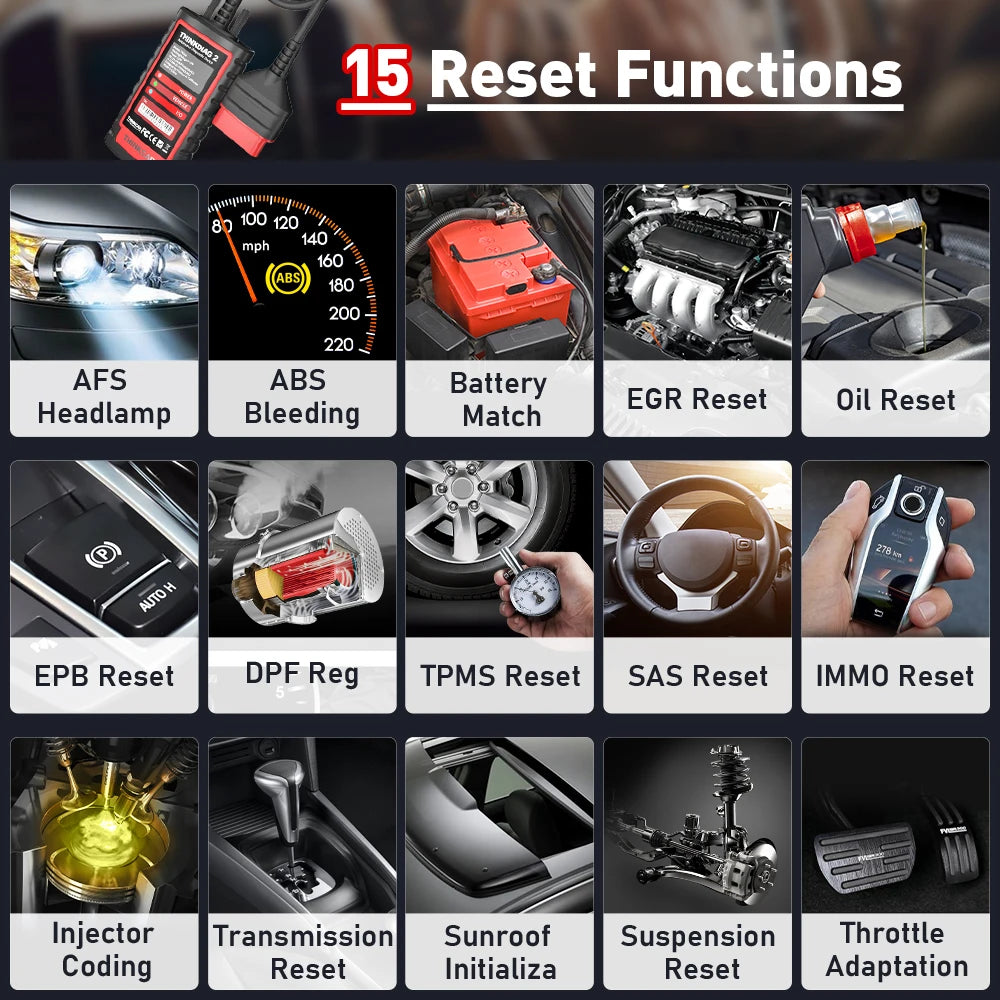 THINKCAR Thinkdiag 2 OBD2 scanner with CANFD support, all systems diagnostics tools with 15 reset functions, two-way scanning, ECU coding.