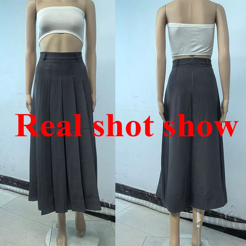 2026 New Women's Pleated Maxi Skirts Autumn High Waisted Zipper Jk Long Skirt Woman Elegant Loose Design Big Swing A-Line Skirts