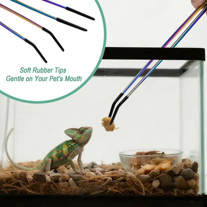 2PCS Stainless Steel Reptile Feeding Tongs with Rubber Tip Terrarium Tank Supplies Straight and Curved Tweezers Accessories