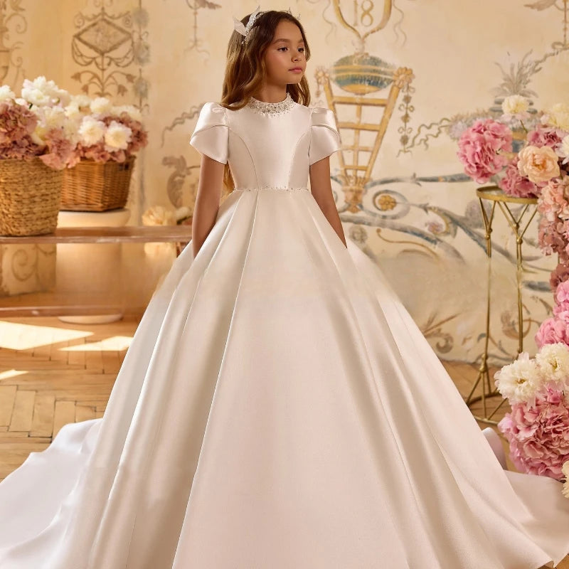 White Wedding Dress for Girls New Satin Princess Party Gown Clothes Children Birthday Host Piano Performance Pageant Costume