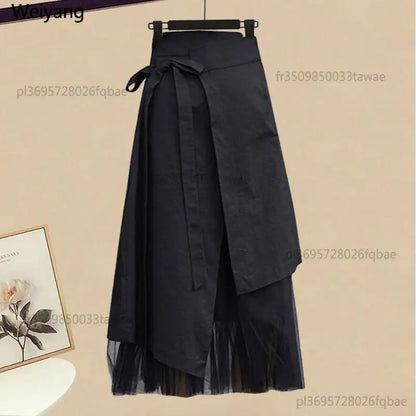 2026 Korean Style Long Sleeve T-shirt Tops High Waist Skirt Two-piece Elegant Women's Skirt Suit Casual Outfits