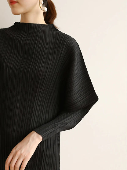 Miyake Pleats Batwing Sleeve Pleated Long Dress Korean High Fashion Causal Elegant Women Designer Clothing