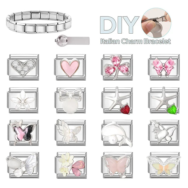 New Shiny Zircon Heart Butterfly Flower Star Bow Italian Charm Links Fit 9MM Stainless Steel Bracelet Girls' DIY Making Gift