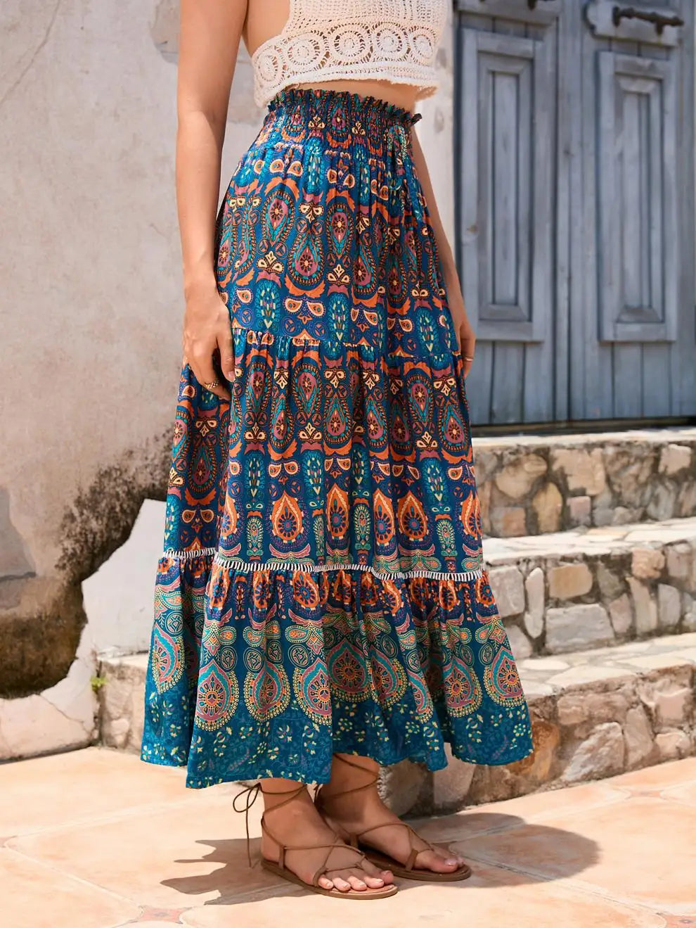 Women's Casual Temperament Skirt Women's Fashionable Bohemian Printed Elastic Waist Temperament Skirt Big Sway Temperament Skirt