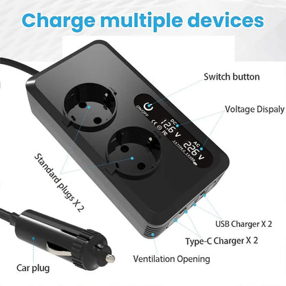 200W Car Power Inverter 12V DC To 220V AC With Dual EU Outlets, Dual USB, Dual Type-C Ports, LCD Display