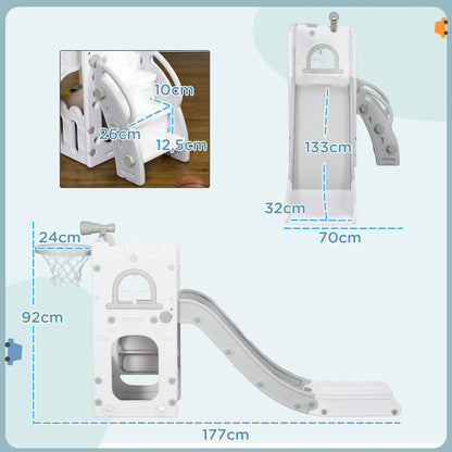5-in-1 children’s slide, toddler slide with basketball hoop, gray telescopic play gym 70x177x92 cm