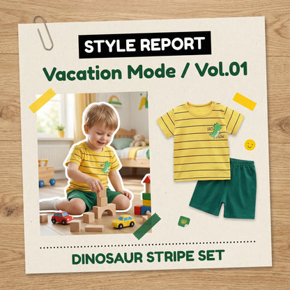 Summer Casual Baby Set Dinosaur Style Stripe T-shirt+Shorts 2Pcs Clothes for Boys Girls Soft Cotton Infant Outfit