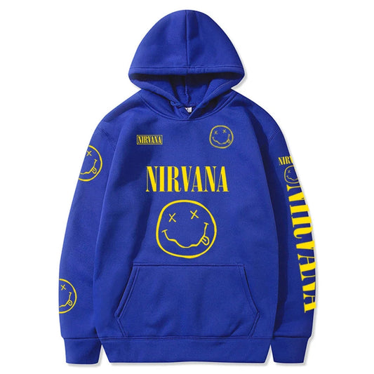 American Vintage Nirvana Smiley Face Hoodie, Unisex, Multi-Color Print Rock Brand Sweatshirt, Suitable for Daily Wear and Commut