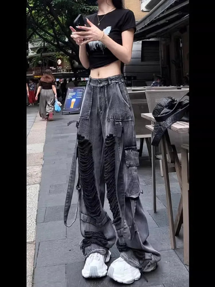 American Retro Washed Black Hole Denim Pants Women's Style 2026 Autumn New Street Design Wide Leg Pants High Waist Straight Leg