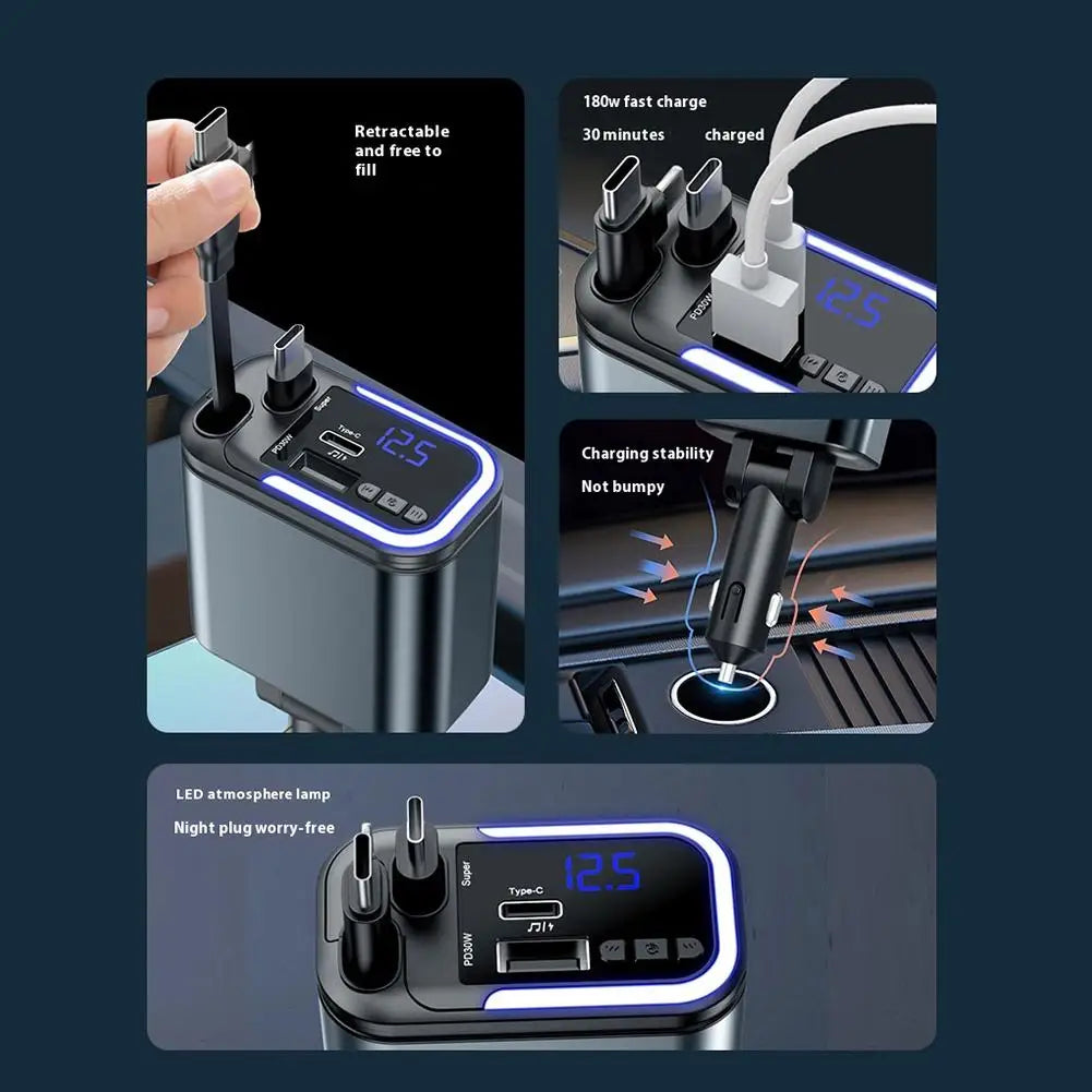 5 In 1 Retractable USB C Car Charger 180W Car Fast Charging Adapter With Atmosphere Lights For IPhone,iPad,Android