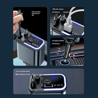 5 In 1 Retractable USB C Car Charger 180W Car Fast Charging Adapter With Atmosphere Lights For IPhone,iPad,Android
