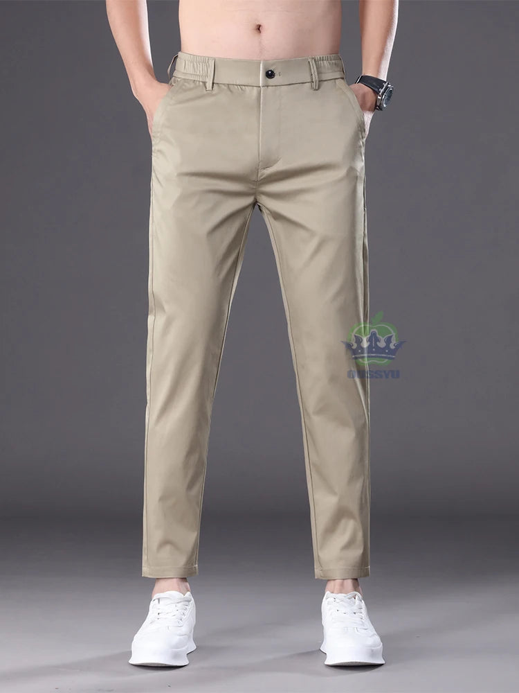 Summer High Quality Cotton Ankle Length Casual Pants Men Business Slim Elastic Waist Jogger Outdoors Korean Work Suit Trousers