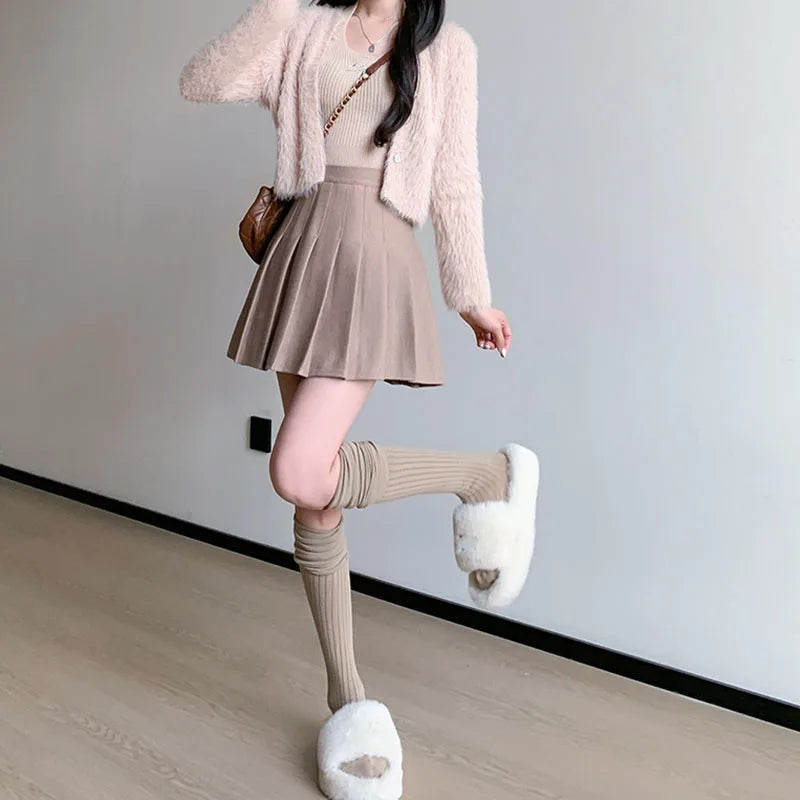 Autumn Winter Woolen Pleated Skirts Women New Korean High Waist Slimming Mini Skirt Ladies Preppy Style Side Zipper A-Line Skirt