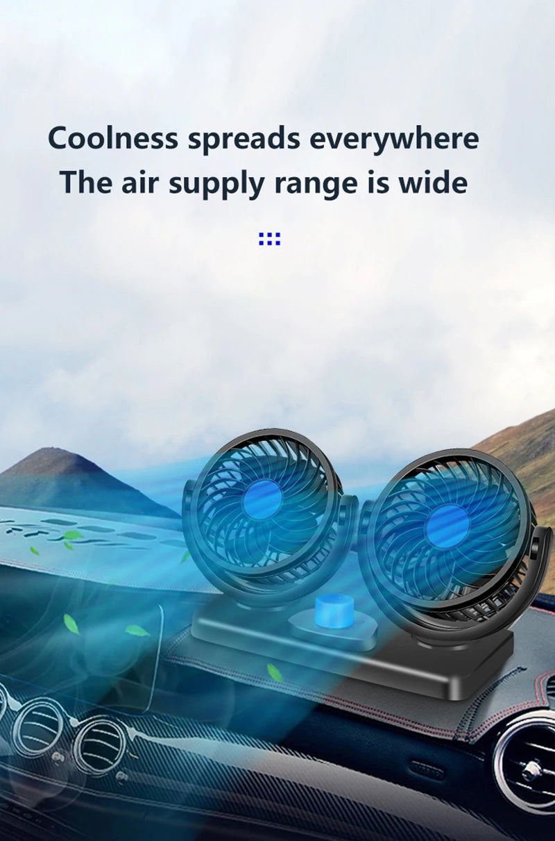 Car Fan 360° Adjustable 2 Head Air Fan Automotive Electric Fan USB/12V/24V 2 Speeds Car Silent Fan For Home Desk