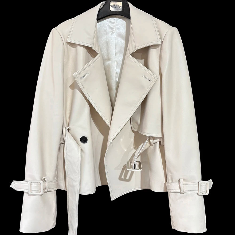 YOLOAgain 2025 Autumn Elegant Real Leather Jacket Coat Women Oversized Leather Jacket With Belt