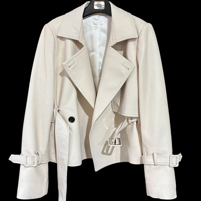 YOLOAgain 2025 Autumn Elegant Real Leather Jacket Coat Women Oversized Leather Jacket With Belt