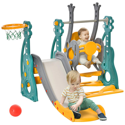 4-in-1 children’s slide and swing with basketball hoop, adjustable seat, 152x149x107cm, blue and yellow