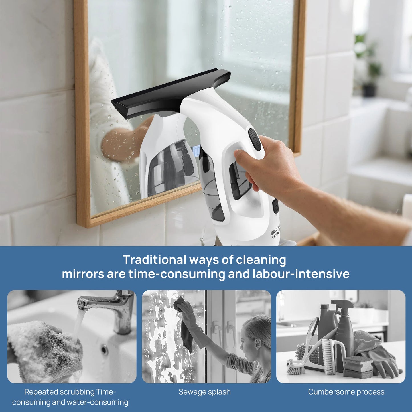 Cordless Window Vac Cleaner & Spray Bottle for Windows, Tiles, Mirrors & Shower Streak-Free Cleaning
