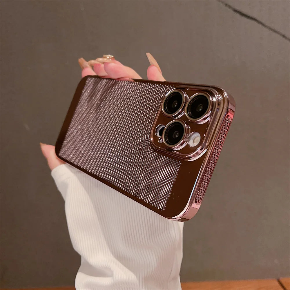 Luxury Plating Hollowed Out Case for iPhone 17 Pro 16 15 14 Pro Max Plus 13 12 Mini 11 17Air Heat Dissipation Shockproof Cover