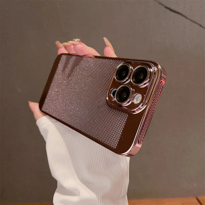 Luxury Plating Hollowed Out Case for iPhone 17 Pro 16 15 14 Pro Max Plus 13 12 Mini 11 17Air Heat Dissipation Shockproof Cover
