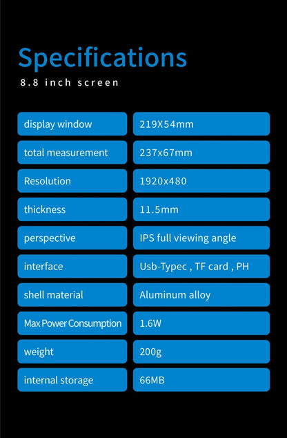 TURZX 8.8 Inch USB Secondary Screen Type-C Desktop Extended Display TF Card Play 1920*480 IPS LCD CPU RAM GPU Monitor NO AIDA64
