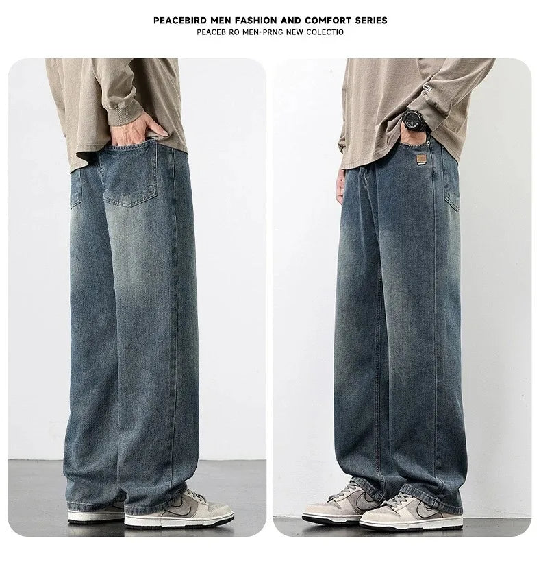 Spring Autumn American Retro Straight Jeans Men Streetwear Korean Fashion Loose Baggy Wide Leg Denim Pants Male Casual Trousers