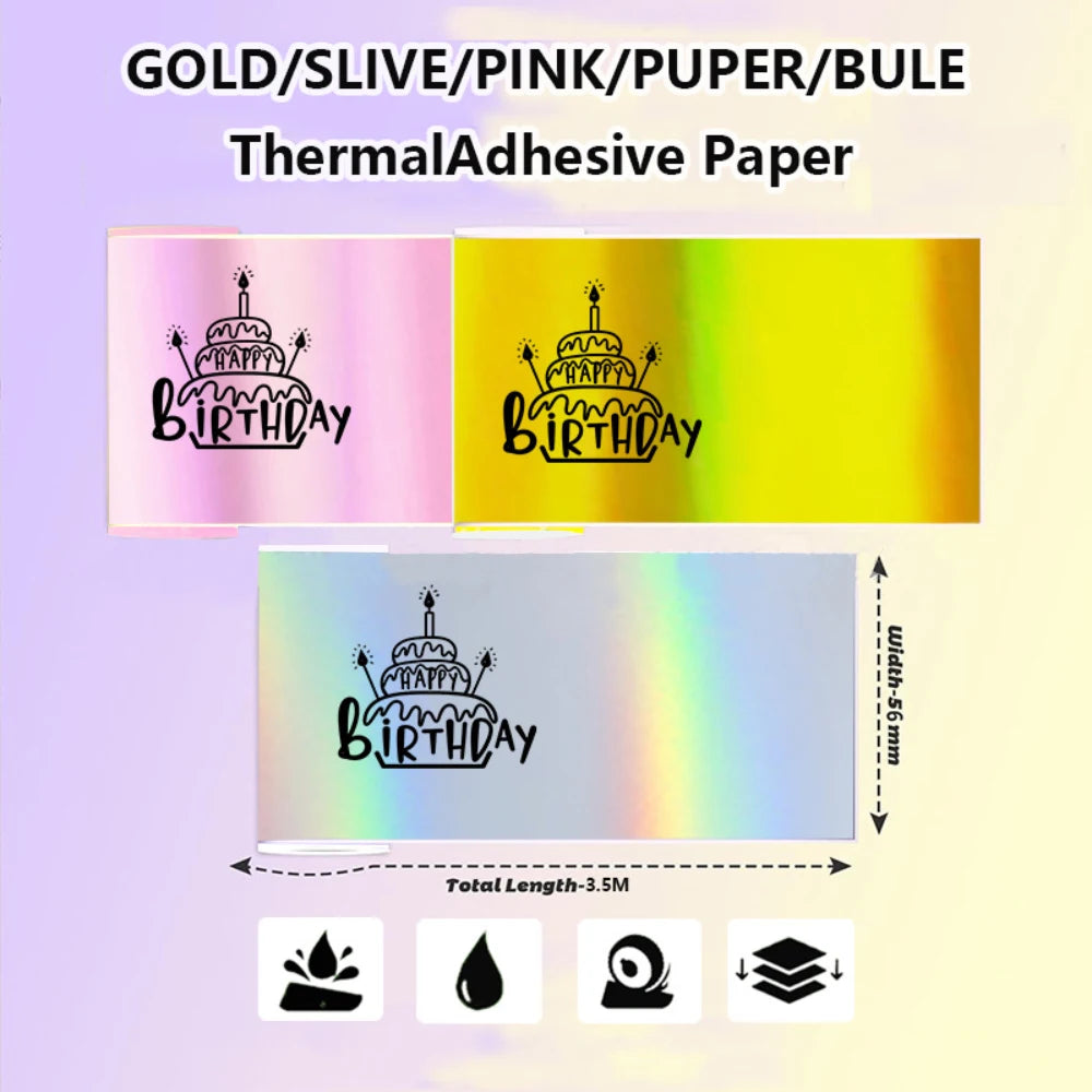 57mmx3.5M Holographic Thermal Paper Continuous Roll for M02/T02/A6 Printers - Silver Purple Gold Pink Blue Glitter Label DIY Mak