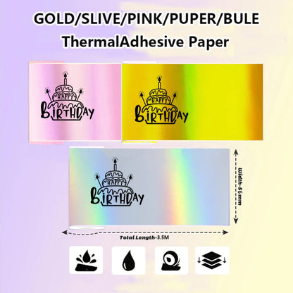57mmx3.5M Holographic Thermal Paper Continuous Roll for M02/T02/A6 Printers - Silver Purple Gold Pink Blue Glitter Label DIY Mak