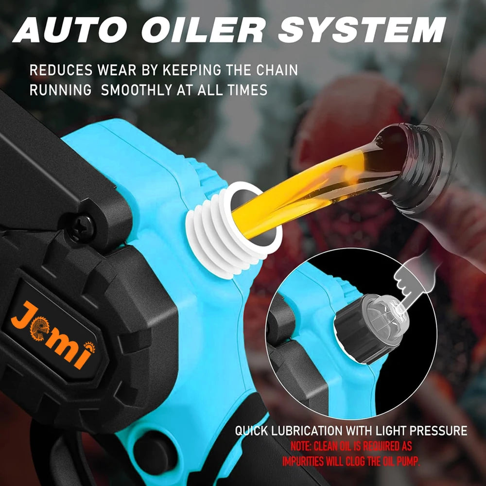 Jemi Tool 6 inch Portable Cordless Rechargeable Electric Chain Saw with Two Batteries, Equipped with Automatic Lubricator and Safety Lock,Wood Cutter, Garden orchard Pruning Tool