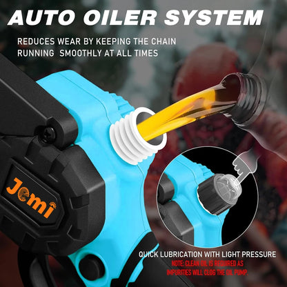 Jemi Tool 6 inch Portable Cordless Rechargeable Electric Chain Saw with Two Batteries, Equipped with Automatic Lubricator and Safety Lock,Wood Cutter, Garden orchard Pruning Tool