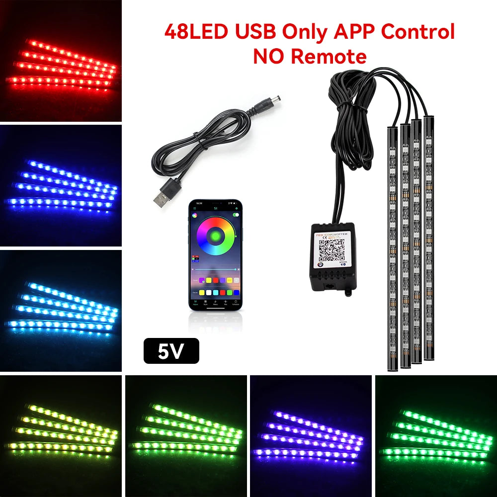 Car Interior Light Ambient Light with USB Cigarette Decorative Lamps RGB Car Footwell Light with Remote/Voice Control