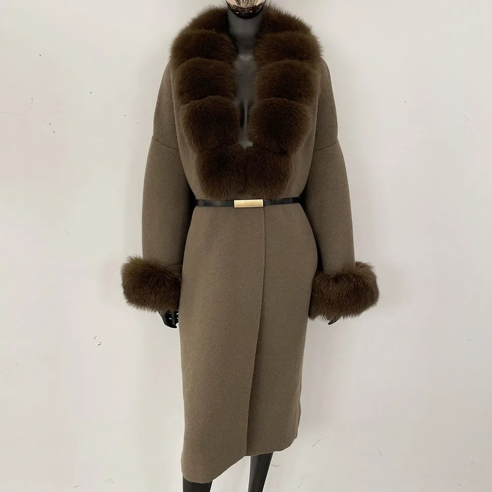 Long Knitwear Coat Women Warm Belt Real Fox Fur Jacket Female 2024 New Autumn Winter Kintted Natural Fur Coat Women