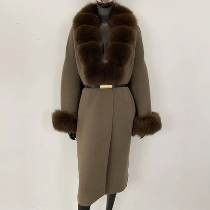 Long Knitwear Coat Women Warm Belt Real Fox Fur Jacket Female 2024 New Autumn Winter Kintted Natural Fur Coat Women
