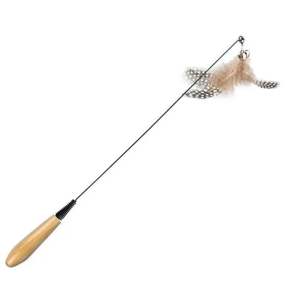 Wooden Handle Spring Teasing Cat Stick Feather Simulation Fishing Rod Cat Teaser Stick Interactive Replaceable Bell Squeaky Cat